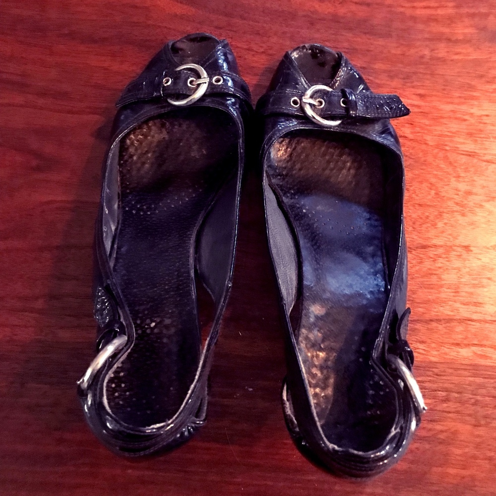 Black Patent Leather Peep Toe Buckle Pumps size 6